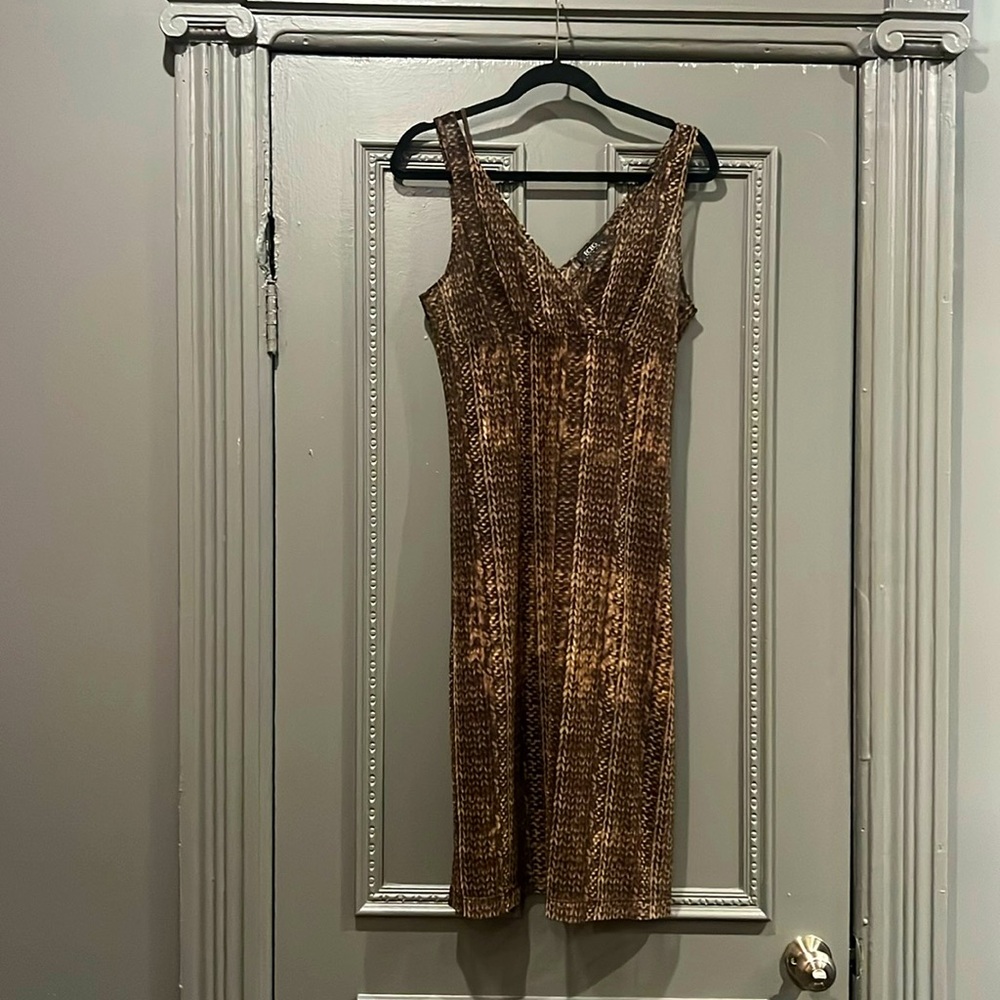 Vintage BCBG Medium Tribal Dress Brown/Tan/Black Slip & Sheer Overlay